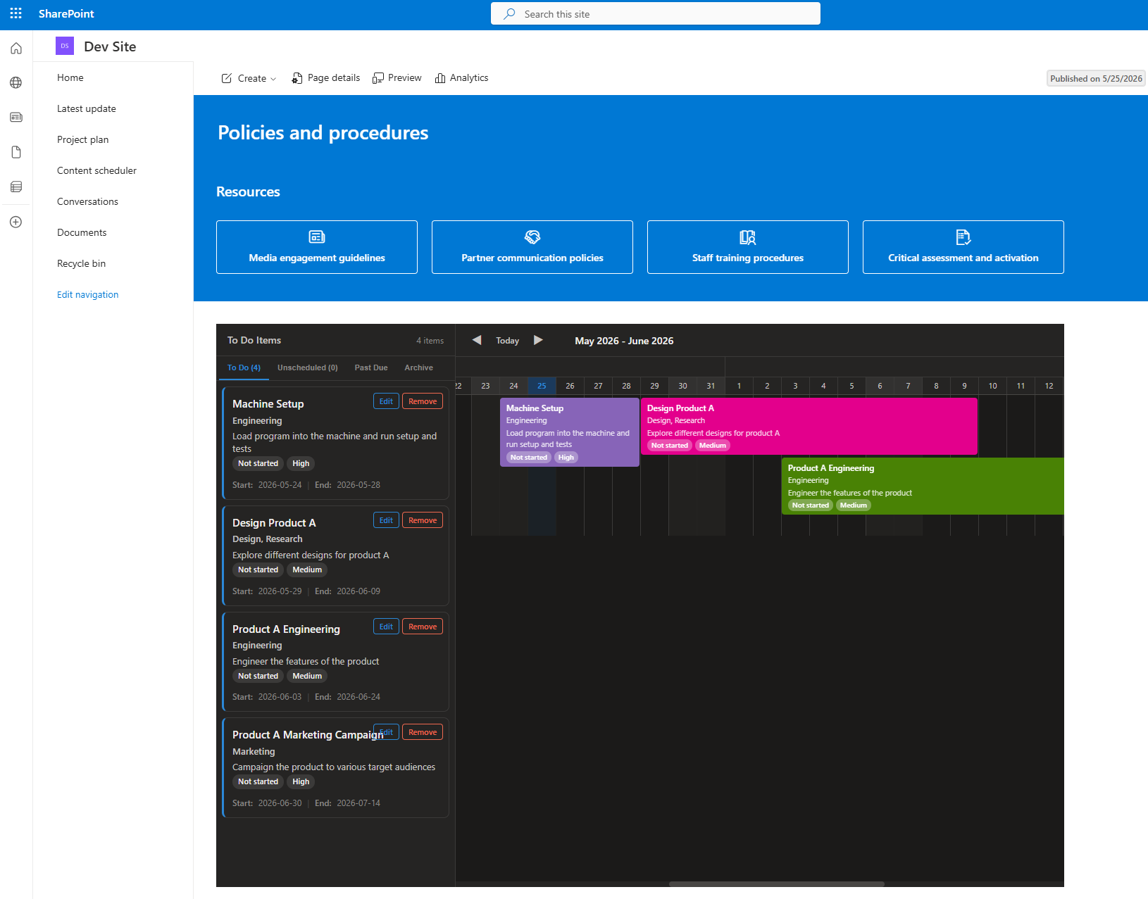 The timeline calendar dynamically embedded as a widget on a team's landing page.